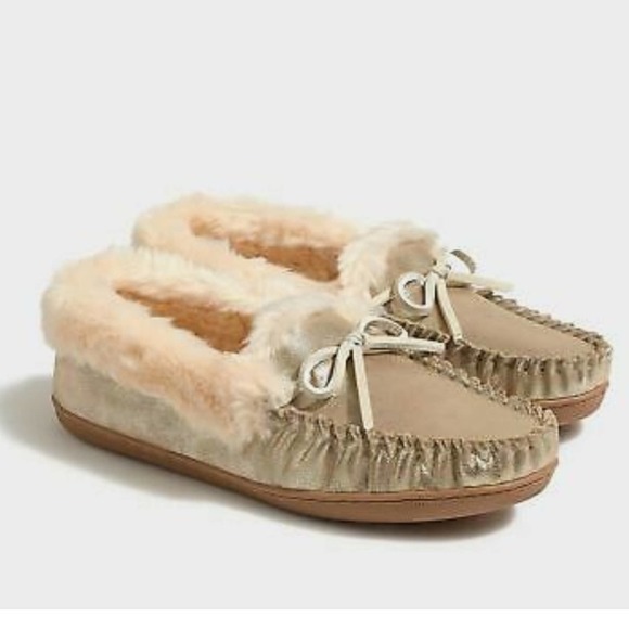 J. Crew Shoes - J Crew Metallic Gold Faux Suede/Shearling Moccasins Slippers NEW w/tags Size 7